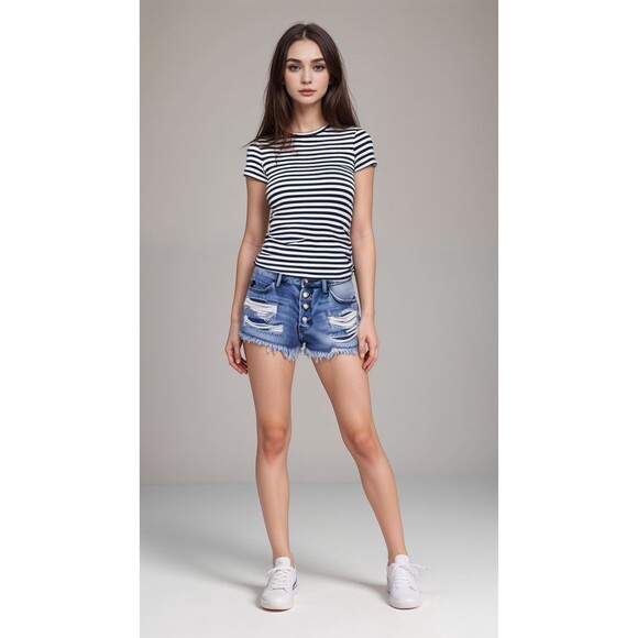 Kancan Denim Shorts Women Sz XS Cut-Off‎ Distressed Exposed Button Fly - Picture 1 of 13